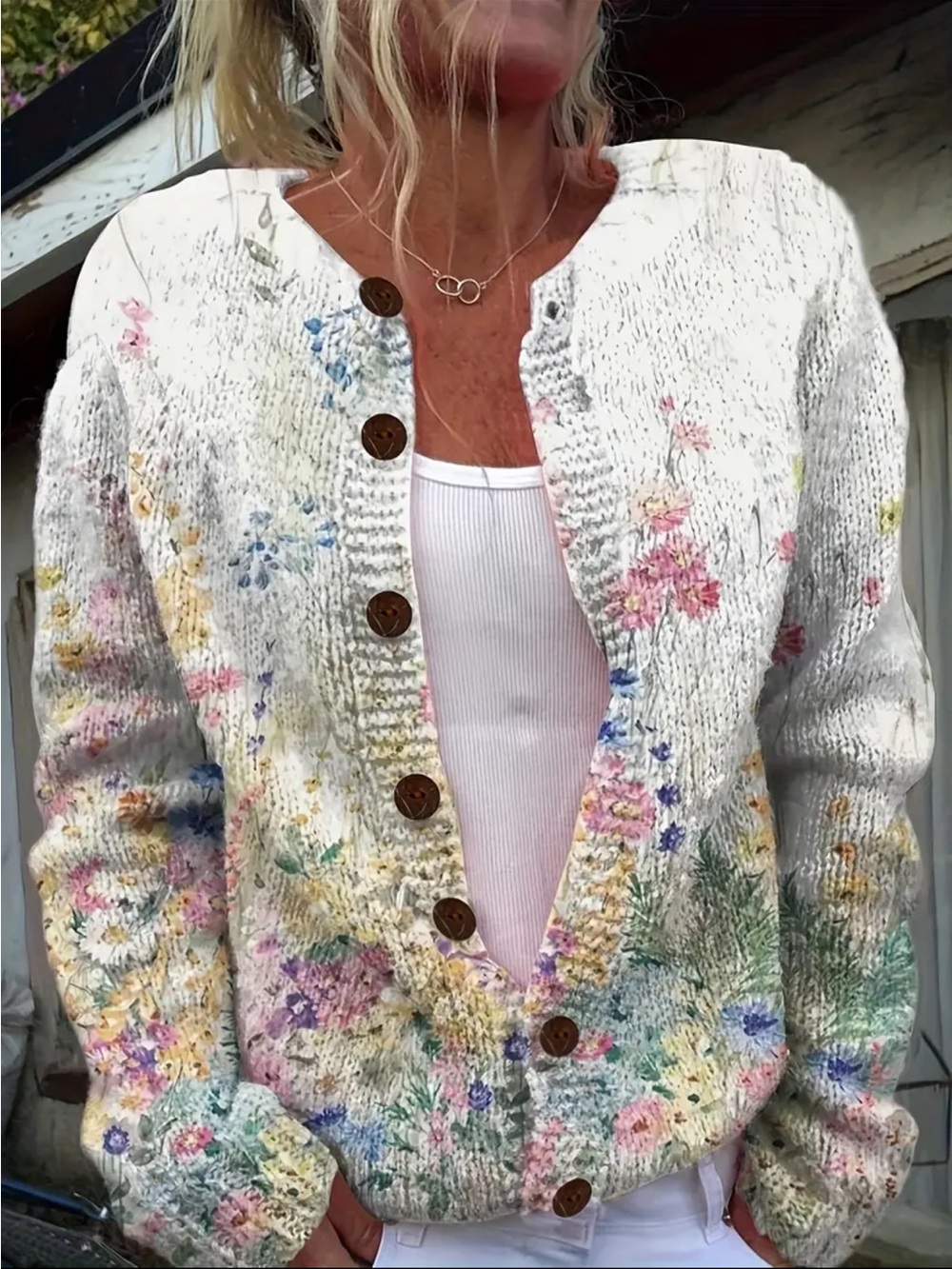 Floral Knit Button-Front Cardigan Sweater - White